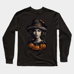 Mystical Halloween Delight: Beautiful Witch Long Sleeve T-Shirt